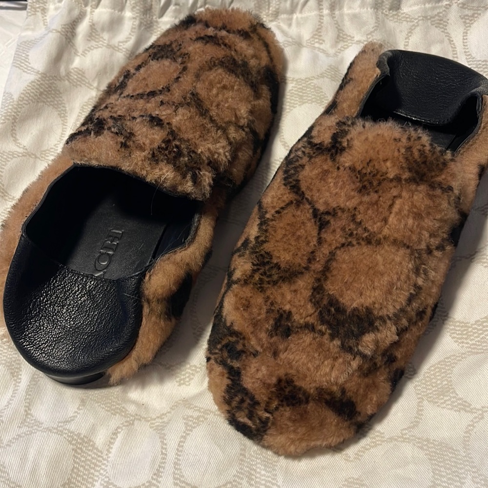 COACH Brown Black Logo Shearling Holly Slippers